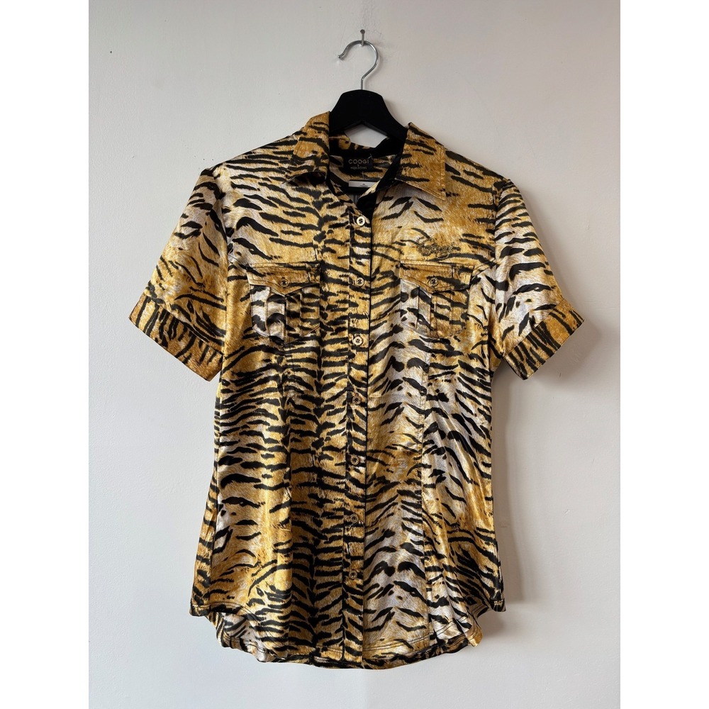Coogi Shirt Womens Large Black Gold Tiger Animal Print Short Sleeve Button‎ Up